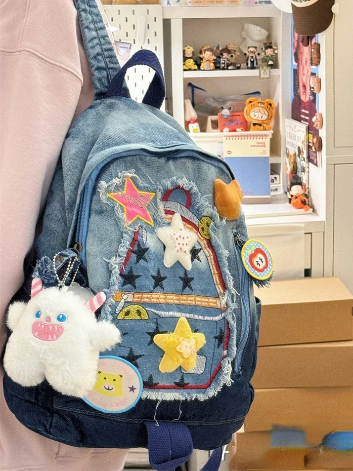 Retro Cowboy Color Matching Backpack Female Japanese Sweet Lovely Girl Y2k All-match Bag College Student Small Backpack