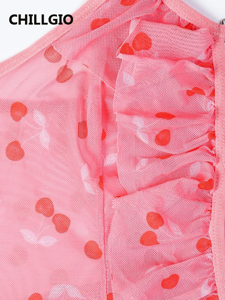 CHILLGIO Summer Dresses 2025 Mesh Women Print Erotic Sheer Hollow Out Strappy Dress Sexy Thong Sweetcute Mini Dresses Pajamas