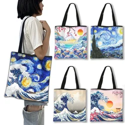 Japan The Big Wave of Kanagawa Shopping Bags Starry Night Women Totes Canvas Shoulder Bags for Travel Girls Handbag Shopper Bag