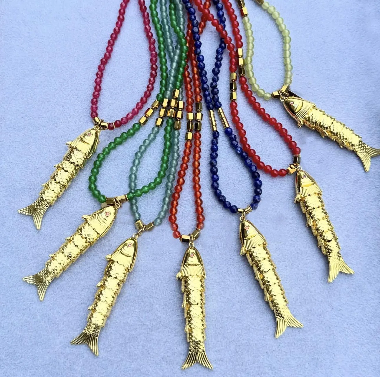 2026 Autumn New Accessories Green Natural Stone beads chain Necklace Set Multi Layer Plated Goldfish Tiger Eye Love Pendant