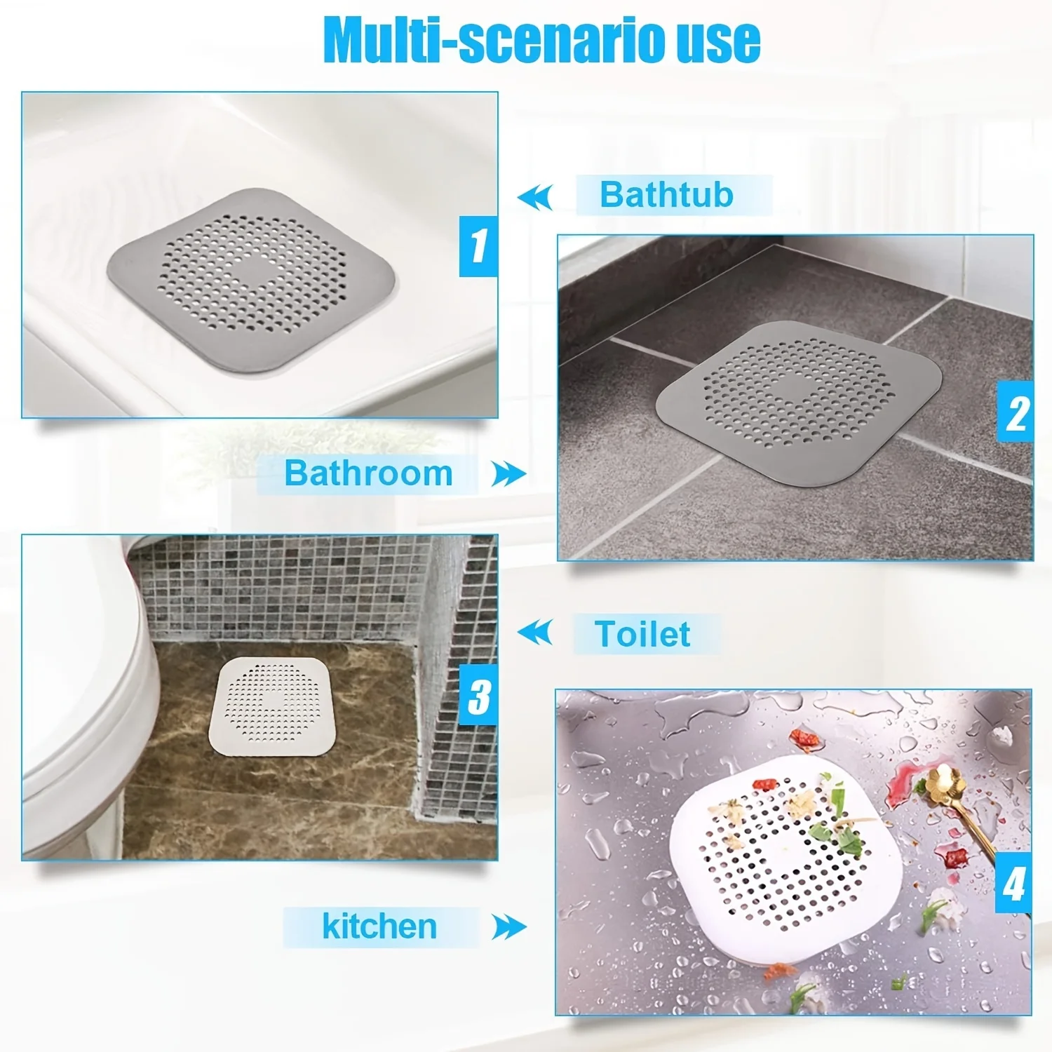 YITAPE Square Hair Drain Filter Cover With Suction Cups, Hair Stopper For Shower Kitchen Drain Protection