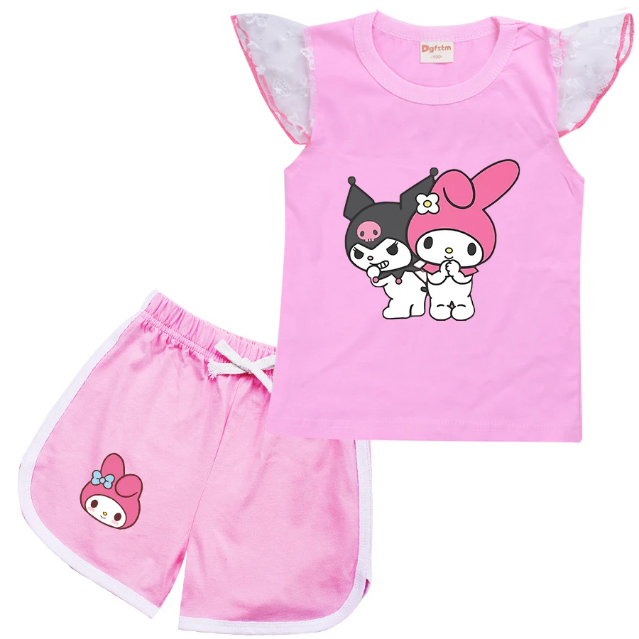 Fashion Summer Girls Baby Clothing My Melody T shirt Set Short Sleeve Children Casual Cartoon Print Tops+Shorts Set