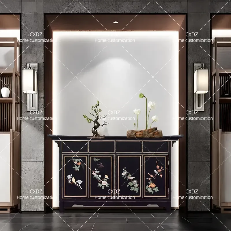 New Chinese Style Solid Wood Entrance Cabinet Four Door Storage Console Table Bone Inlay Decorative Wine Cabinet Edge Cabinet