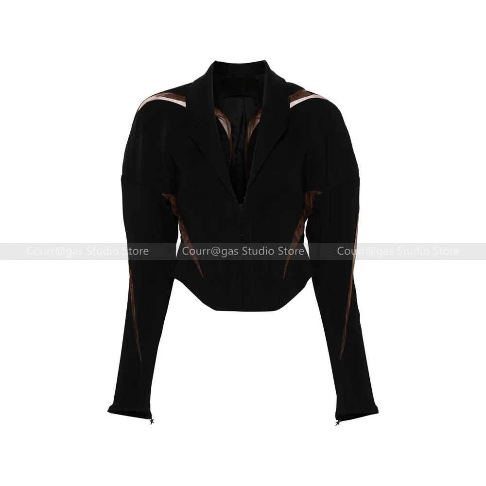 

Vintage niche mesh translucent splicing design lapel with gel bone tight short jacket jacket