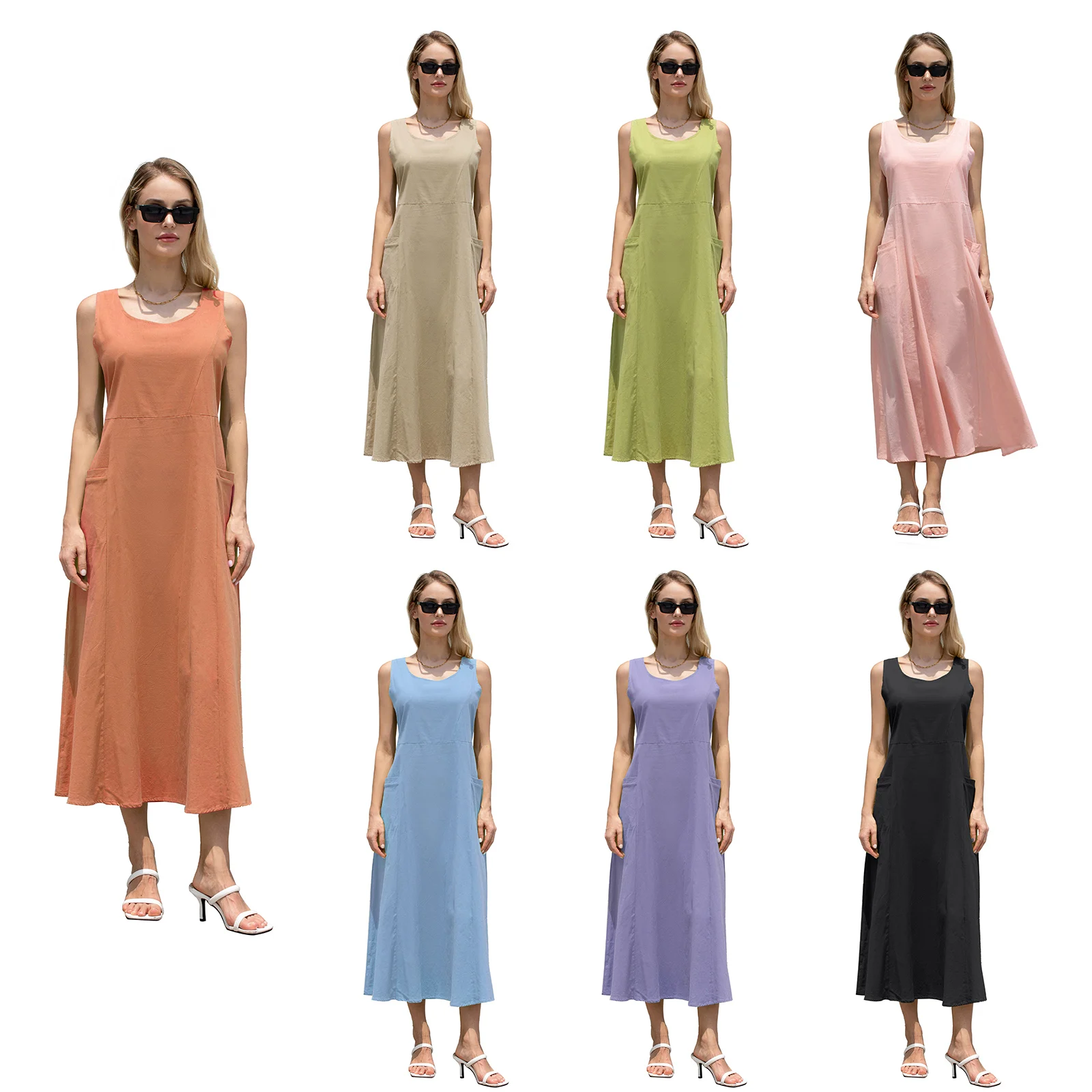 Womens Cotton Linen Tank Dress Solid Color Crew Neck Sleeveless A-line Elegant Dresses Loose Midi Dress with Two Big Pockets