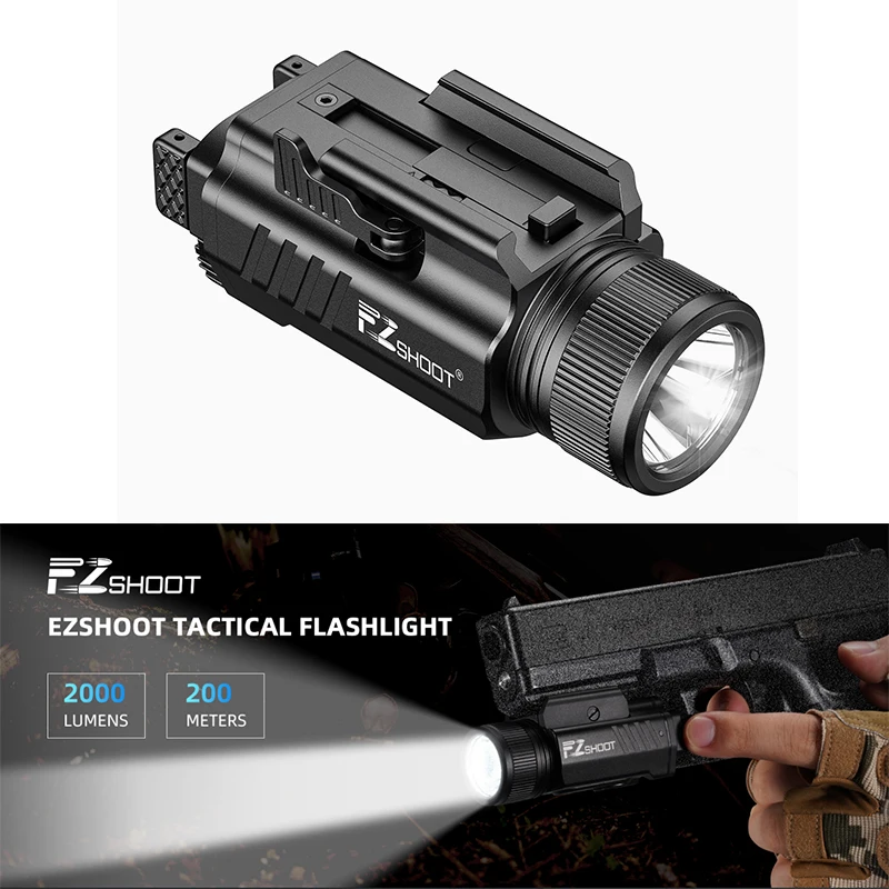 Latarka taktyczna EZshoot 2000 lumenów do pistoletu Picatinny lub GL Rail LED Light z regulowaną szyną ślizgową i możliwością ładowania — 2