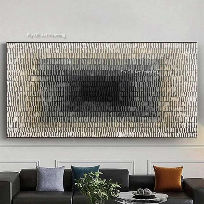 

New Fashion Black Grey Blocks Canvas Knife Thick Oil Painting Handmade Abstract Beige And Yellow Texture Wall Art For Home Decor