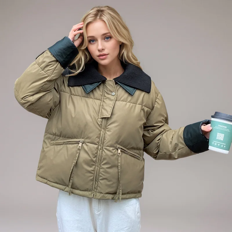 Veste matelassée d'hiver pour femme, couleur bloquée, fermeture éclair, tricot, col rabattu, manteau rembourré pour femme, veste de Style coréen