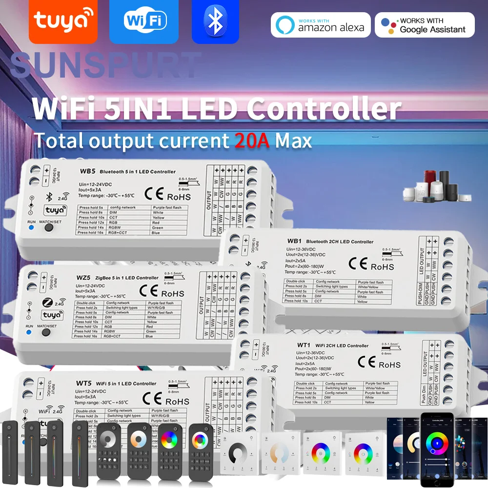 

WT5 WZ5 WB5 Zigbee BT WiFi RGB+CCT Light LED Controller 12V 24V RF 4-zone Wall Touch Remote Tuya Smart Life APP for Alexa Google