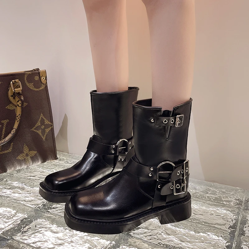 2023 New Mid Thick Heel Ankle Boots Women's British Style Belt Button   Shoes Retro Western Cowboy Knight Short Boot