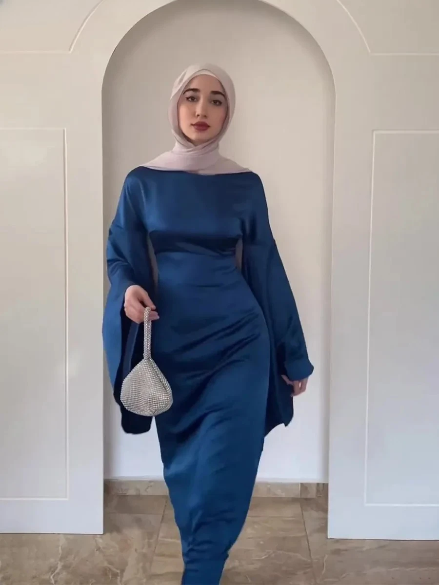2025 봄 신상 여성 슬림 새틴 맥시 드레스 패션 플레어 슬리브 우아한 파티 드레스 이드 무슬림 단정한 아바야 이슬람 의류