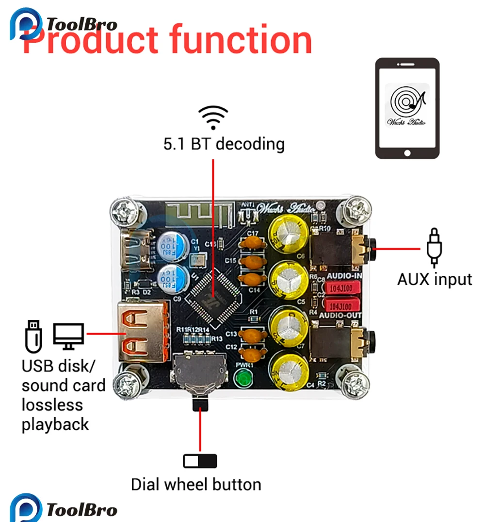 ZK-PT2 bezstratna płyta dekodująca dysk Bluetooth 5.1 U odtwarzacz muzyki MP3 odbiornik Audio do głośnik samochodowy subwoofera domowego