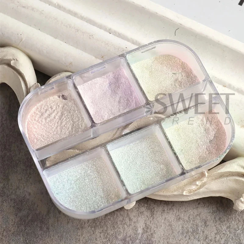 6 Grids Aurora Mirror Nails Powder Aurora Shiny Pearl Chrome Effect Pigments Gel Polish Laser Dust Glitter Manicure Decoration