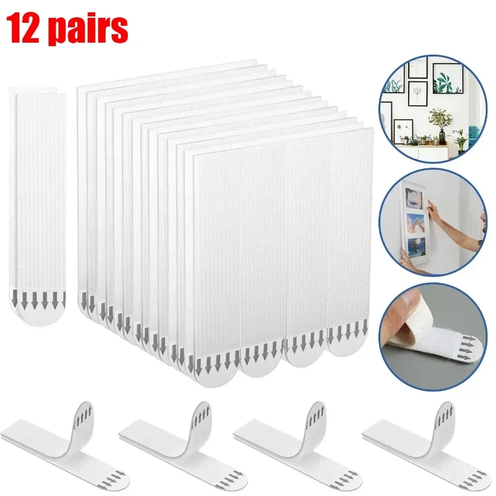 12 Pairs Double-sided Adhesive Strip Non-destructive Hanging Wall Adhesive Strip Wall Hooks Tool-Free Removable Adhesive Strip