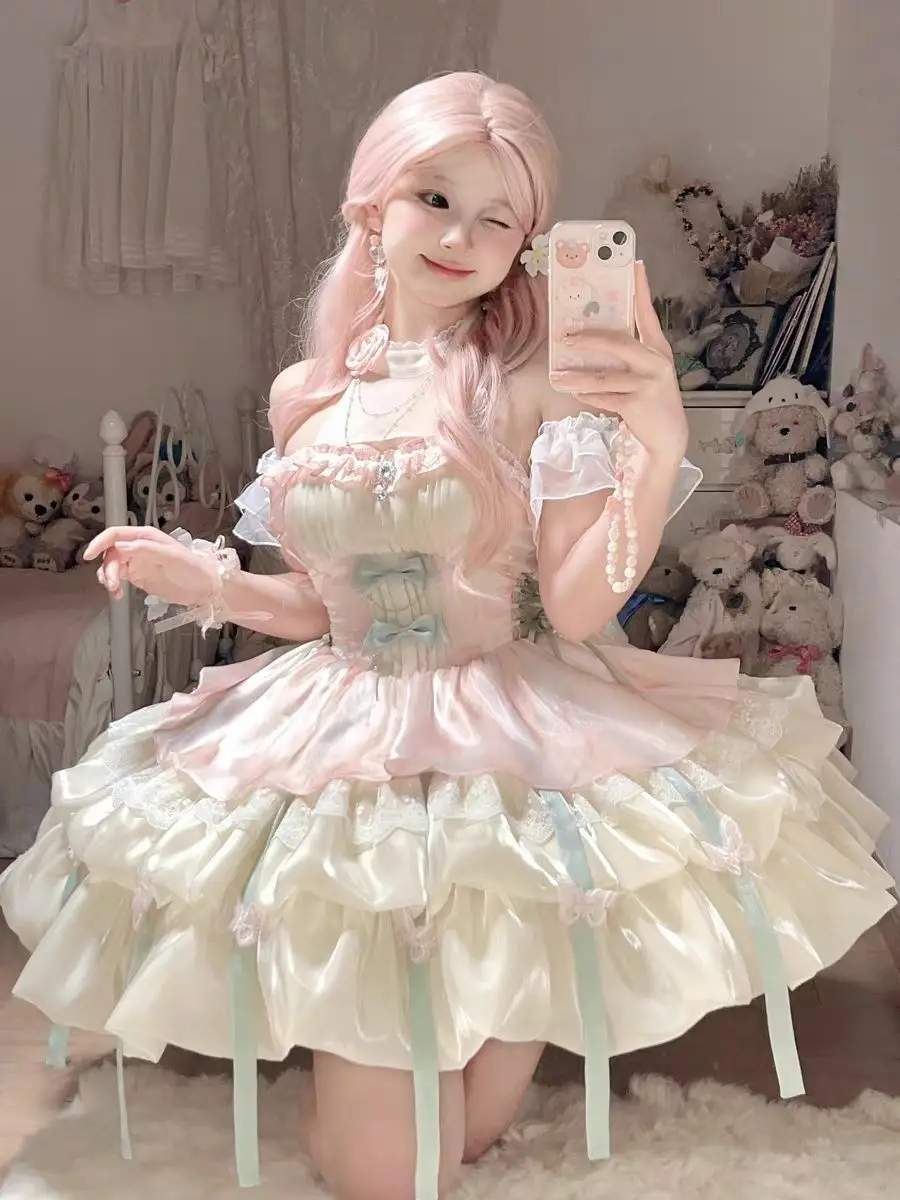 Japan Love God's Appointment Pink Green Lolita Contains tailing Princess Dress Women Sweet Neck Suspenders Fluffy Dress Slimming