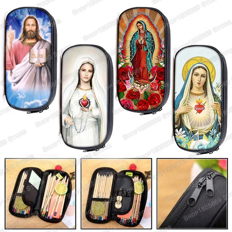 Trousse à Crayons Vintage Religieux Jésus Vierge Marie, Sacoche Cosmétique pour Adolescent, Fournitures Scolaires, Cadeau