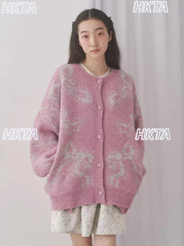 日本の秋のレトロかわいいリボン長袖ニットカーディガンコートトップ女性甘いルーズカジュアル多用途セータージャケット女性