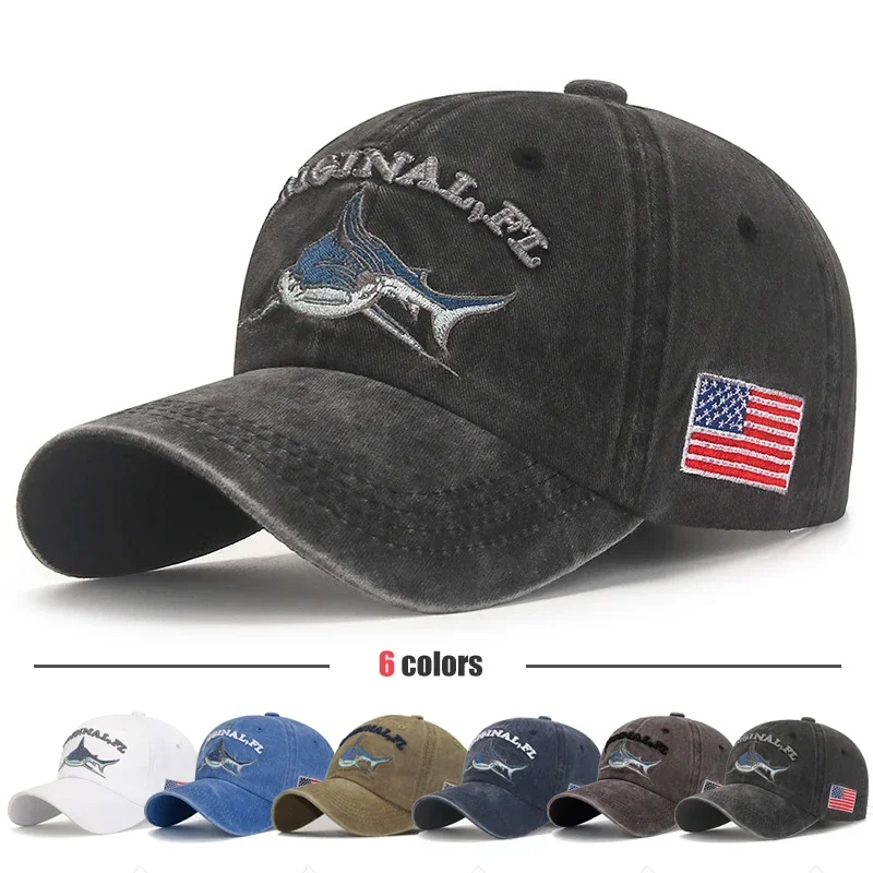 Popular Cartoon Washed Embroidered Shark Baseball Cap