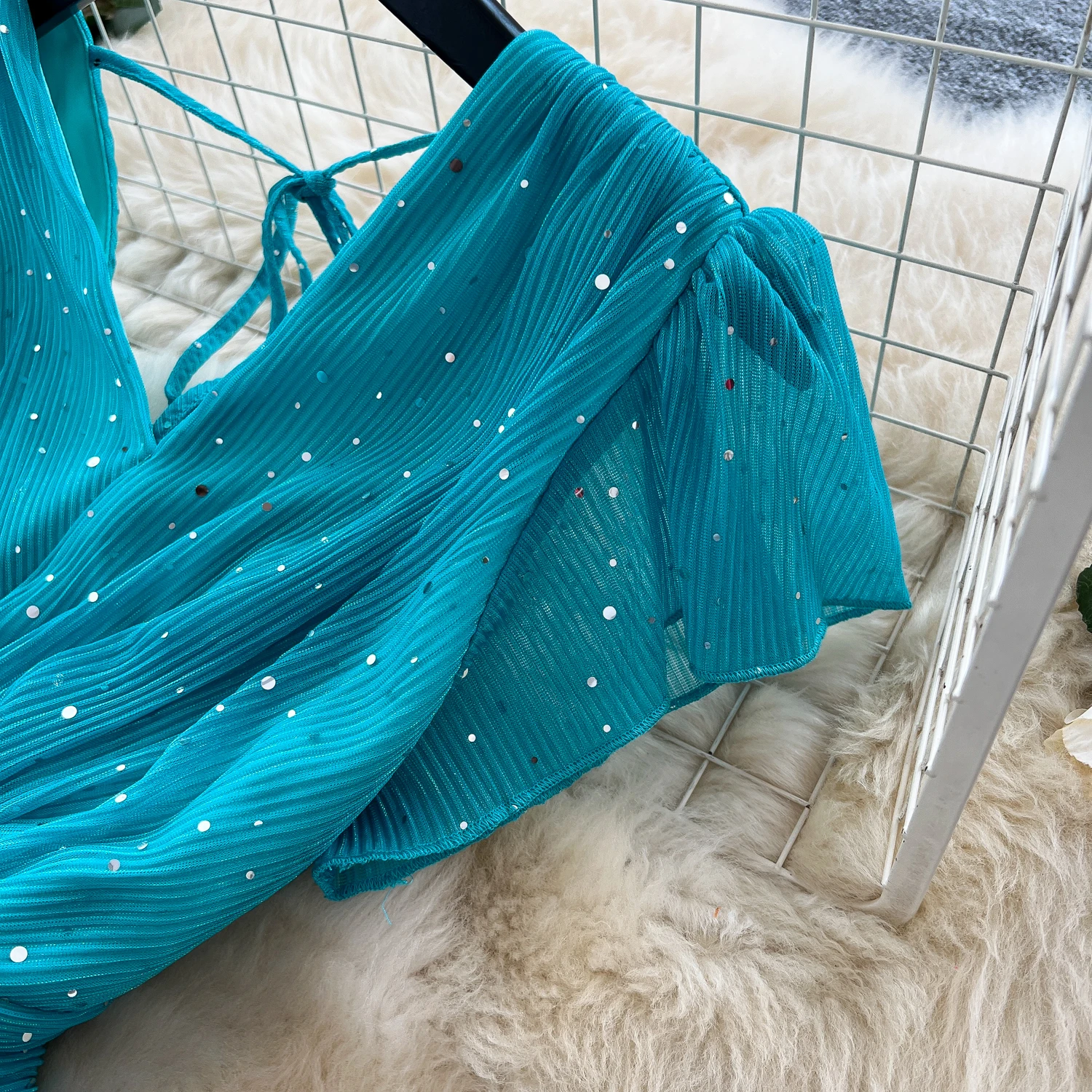 Chic vintage impiombato glitter incrociato elegante fata moda coreana Boho vestito estivo abbigliamento donna