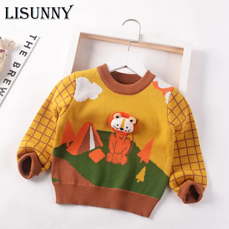 

2024 Autumn Winter Children Cartoon Knitted Sweater Kids Baby Boys Double-knit Pullover Jumper Cotton Toddler Clothes 2T-7T