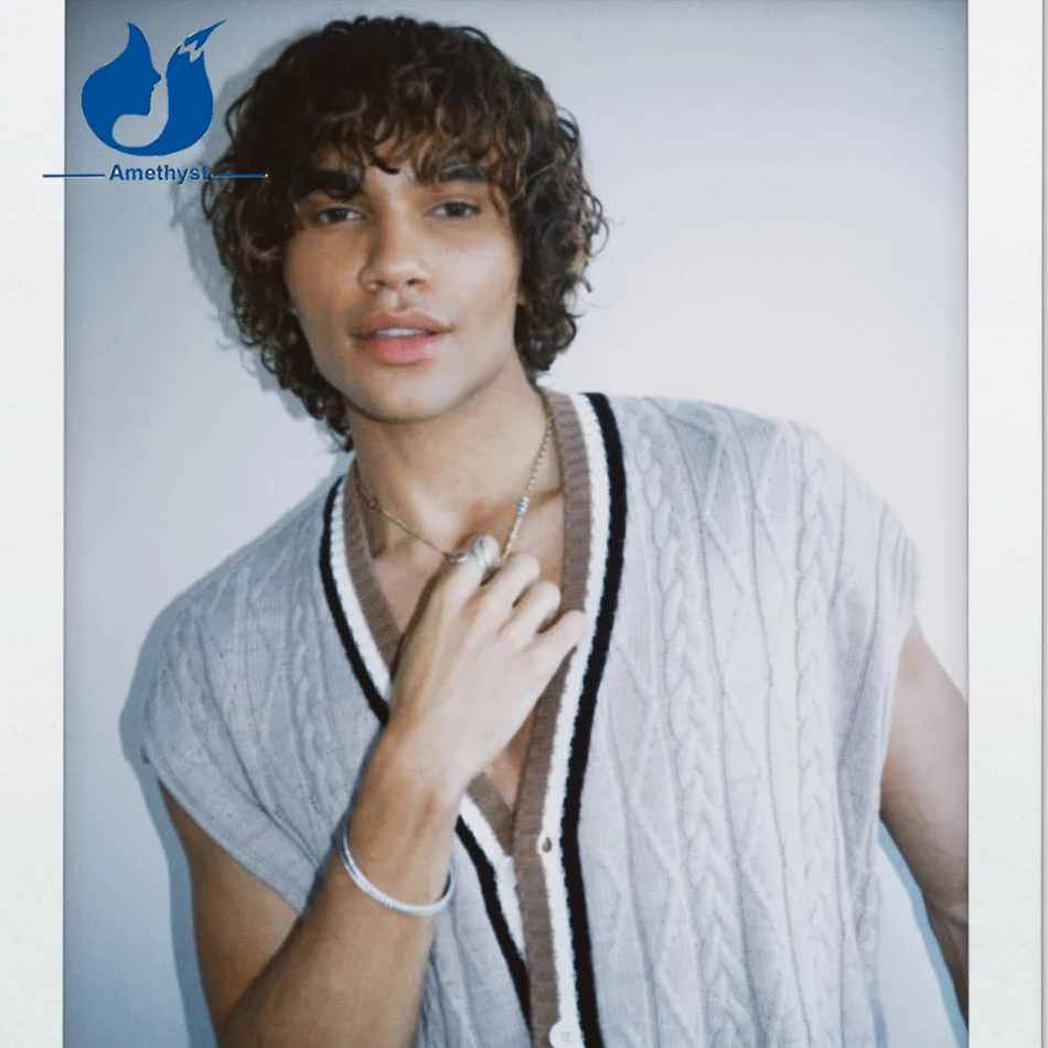 Amethyst Male Highlight Wet Curly Bob Wig Human Hair with Bangs Brazilian Scalp Top Full Machine Made Remy Hair Wig for Men