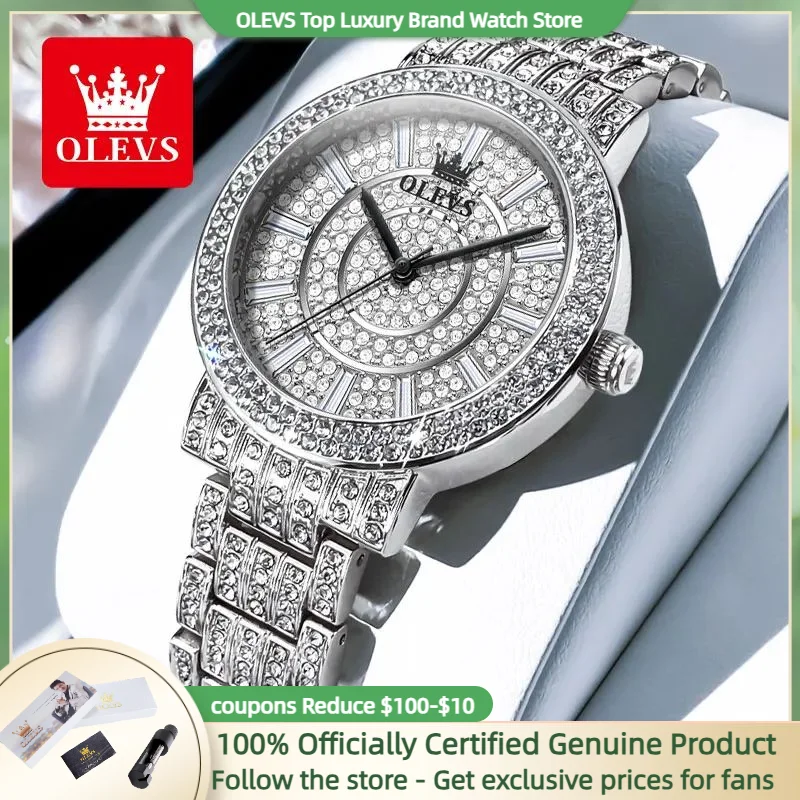 OLEVS 9904 Full Diamond Watch Women Luxury Brand Silvery Stainless steel Female Wristwatch Original NEW Ladies Watch