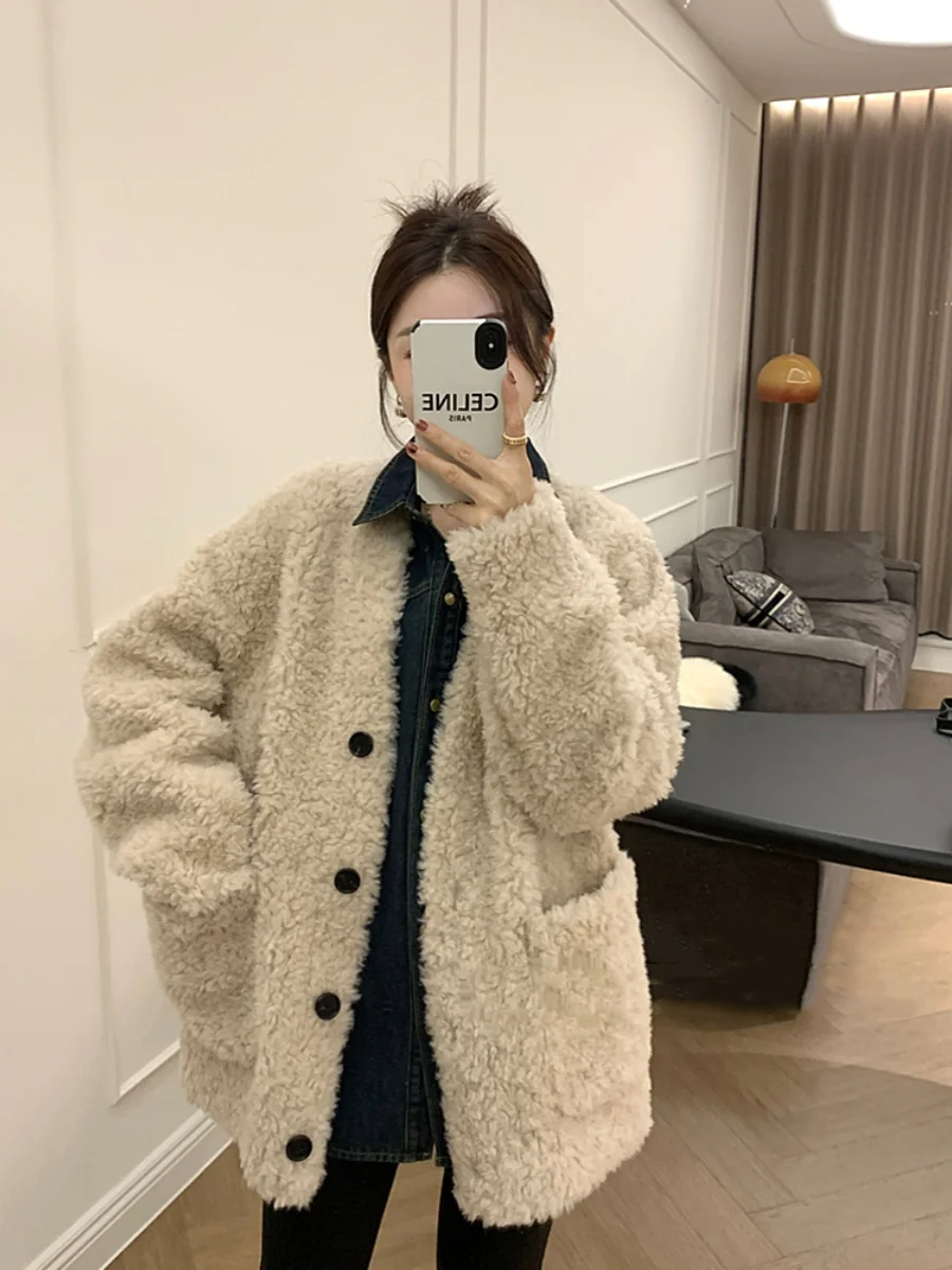 فرو الضأن Jaet V-Ne زر واحد Thiened فضفاض صالح Faionable شتاء جديد الملابس النسائية التخسيس الأعلى