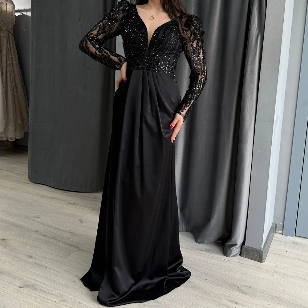 

Customized A-line Evening Dresses Floor-length V-neck Full Sleeve Prom Gown Fashion Sequined Pleat Simple Draped Party Gown