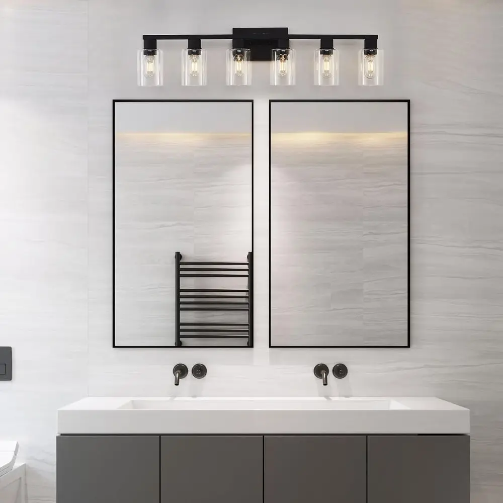 6-Light Clear Glass Shade Vanity Light Fixture باللون الأسود غير اللامع لمرايا الحمام الكبيرة والشمعدانات الجدارية