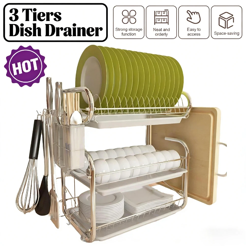 

3 Tiers Dish Drying Rack Rust-Resistant Kitchen Storage Shelf Iron Organizer with Drain Board Utensil Holder for Bowls Plates