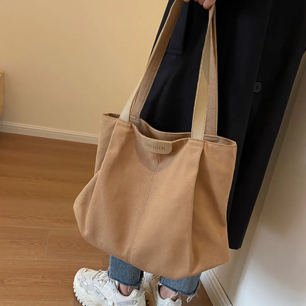 Women\'s Canvas Shoulder Bags Eco Reusable Solid Colour Shopper Fashion Large Capacity Handbags Casual Simple Bag for Students