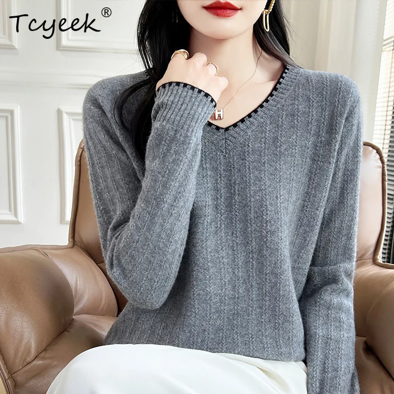 

Tcyeek, 100% Wool Sweater, Women's V-neck Collar Edge Color Blocked Pullover, 2024 Autumn And Winter New Top T48013KE