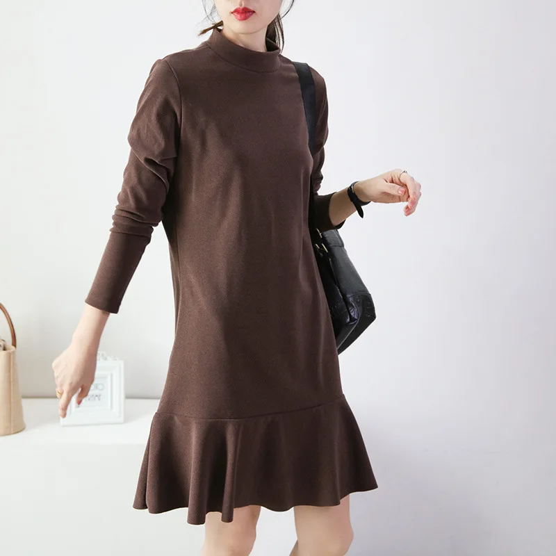 2021 Women Ruffle High Neck Mini Dress Warm Plush Thickened Straight Casual Loose Solid Long Sleeve Dress Bottoming Clothes