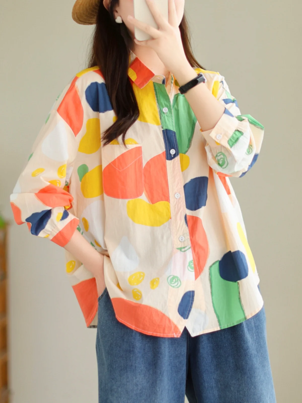 

High-End Japanese Brand Color Blo Print Long Sve Women's irt Loose Versatile Vintage Sle Collar Button up Top