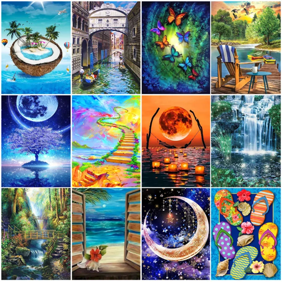 DIY Diamond Painting Landscape Waterfall Cross Stitch Kit Full Drill Embroidery Moon Sea Mosaic Rhinestones Picture Home Decor