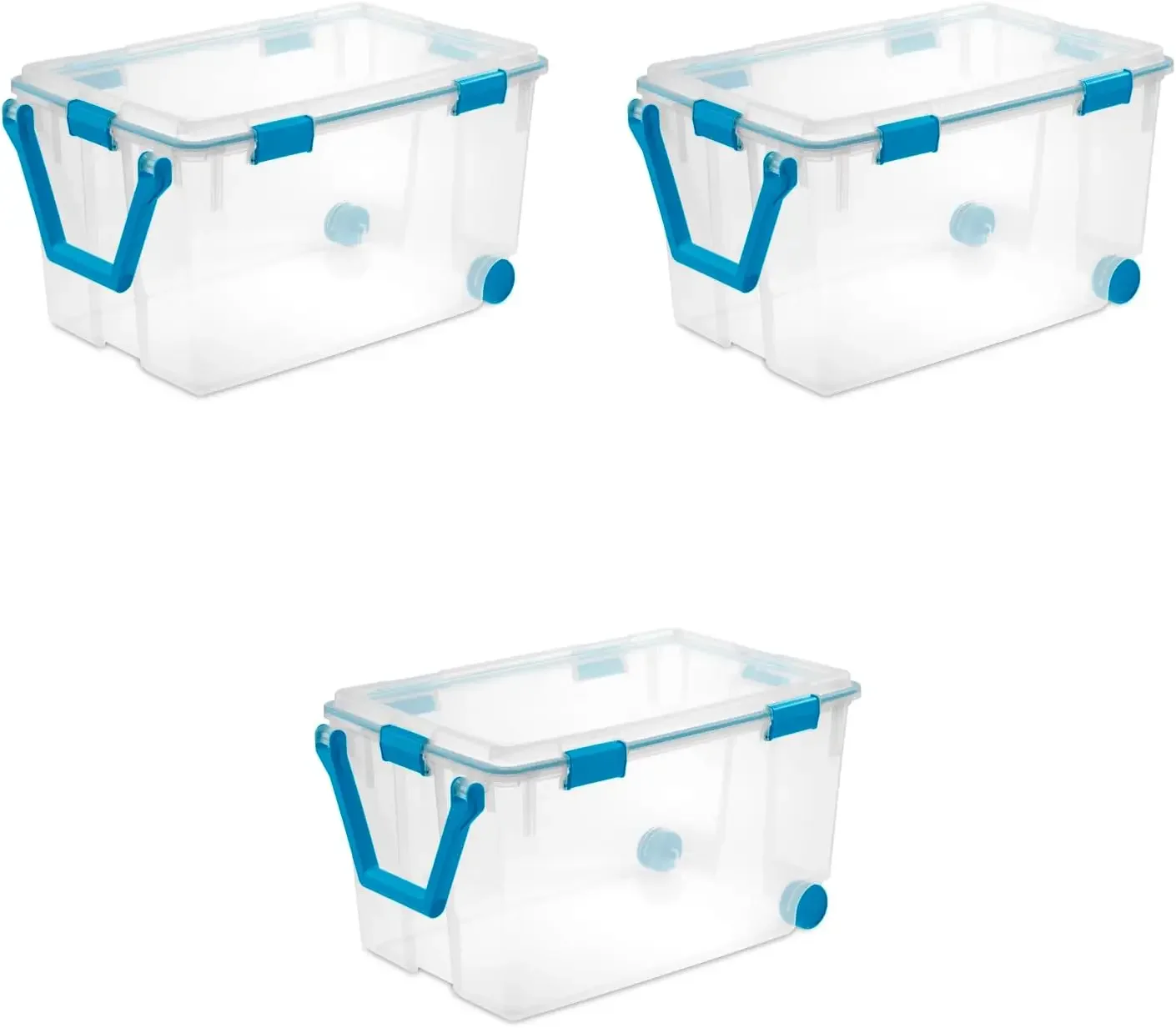 120 Qt Wheeled Gasket Box, Stackable Storage Bin with Latching Lid, Handle and Tight Seal, Plastic Container with Clear Base and