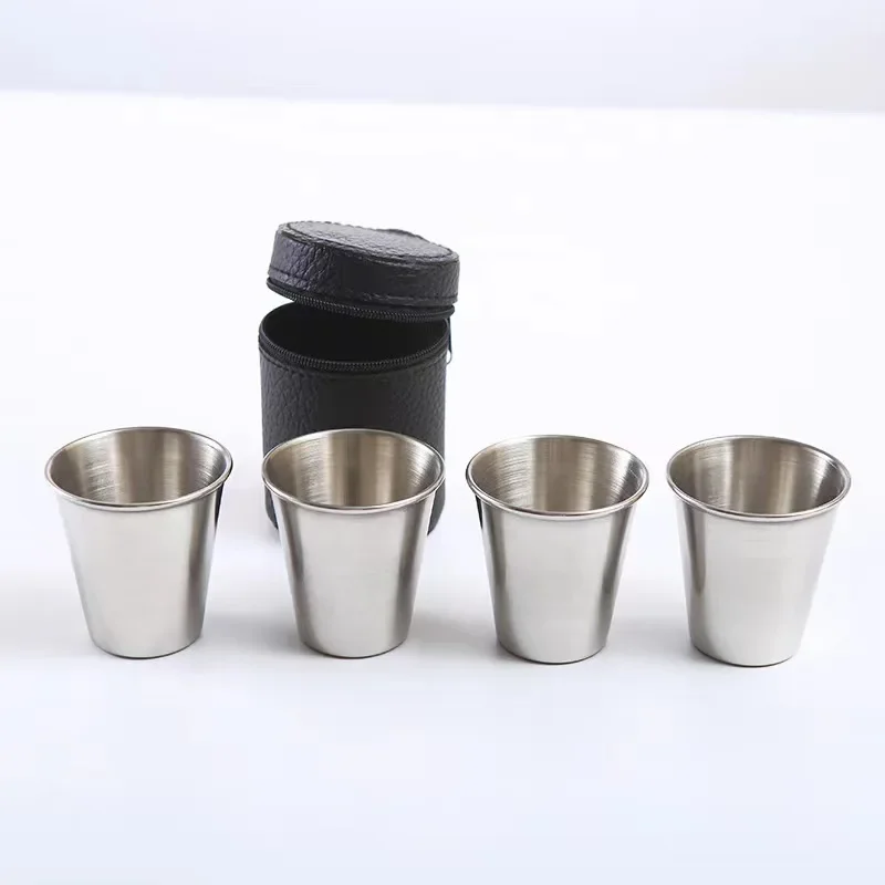 4Pcs/set Stainless Steel Shot Glasses with Leather Case Espresso Shot Cups Barware Drinking Vessel Camping Home Restaurant Mug