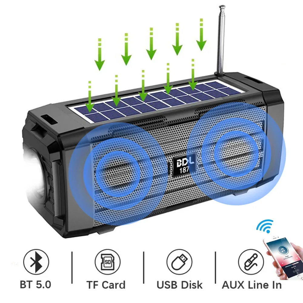 Outdoor Portable Flashlight Solar Charging Wireless Stereo Speakers Tws Subwoofer Bluetooth Compatible Speakers AUX/TF/FM Radio