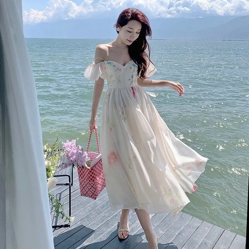 

Off The Shoulder Sexy Strap Dress Summer Strapless Corset Maxi Sundress Ladies Backless Bow Sweet Print Long Dresses Y2k Платье