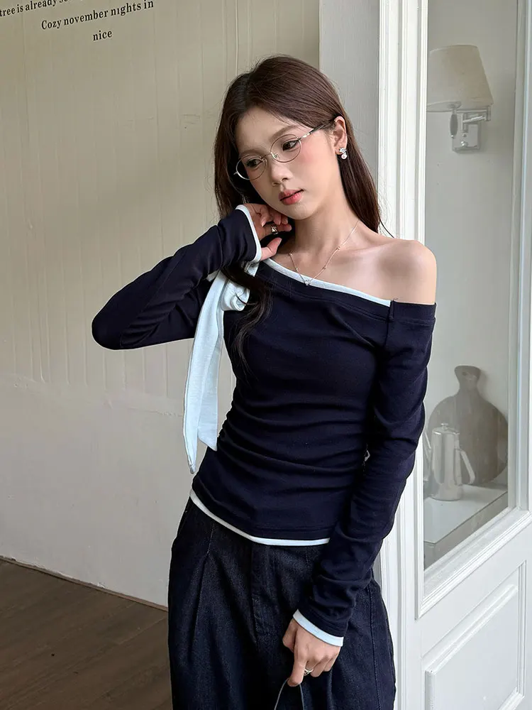 سليم صالح طويل Sve تي شيرت المرأة الخريف جديد Sle فتاة حار تصميم تحسس اللون كوليون حزام Ne Uneven Top Ins