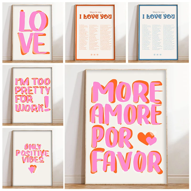 Nordic More Amor Por Favor Colorful Eclectic Pink Love Girls Quote Wall Art Canvas Painting Poster for Living Room Decor Picture