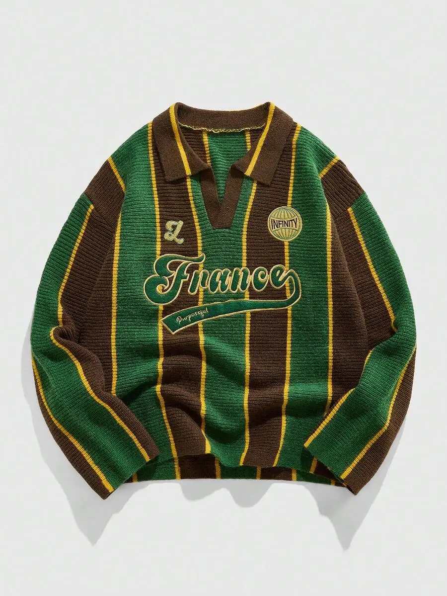 

Men's Retro Striped Collared Knit Sweater, Streetwear Style, Fall Winter Casual Wear