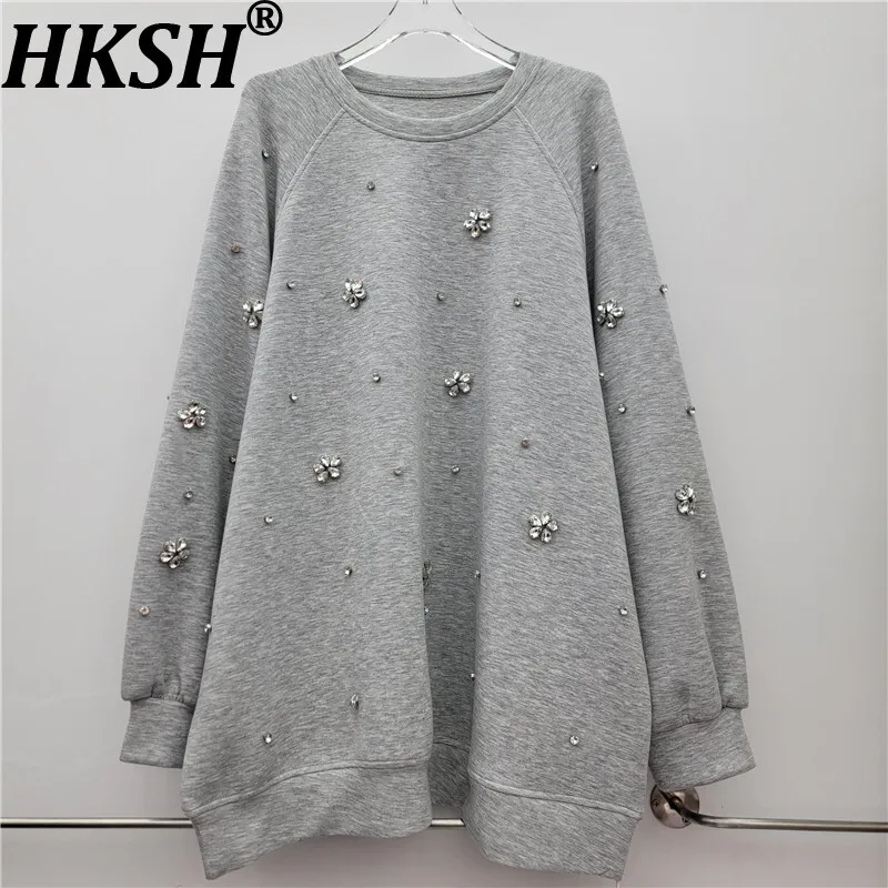 

HKSH 2023, осенне-зимний новый женский свитшот, пуловер с круглым вырезом и длинными рукавами, универсальный топ большого размера с шипами и бриллиантами HK15610