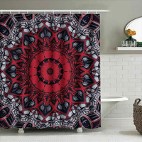 Futuristic Mandala Red Bath Shower Curtain Waterproof Polyester Decorative Kitchen Liner Bathroom Rug White Ceramic Tile Backdro