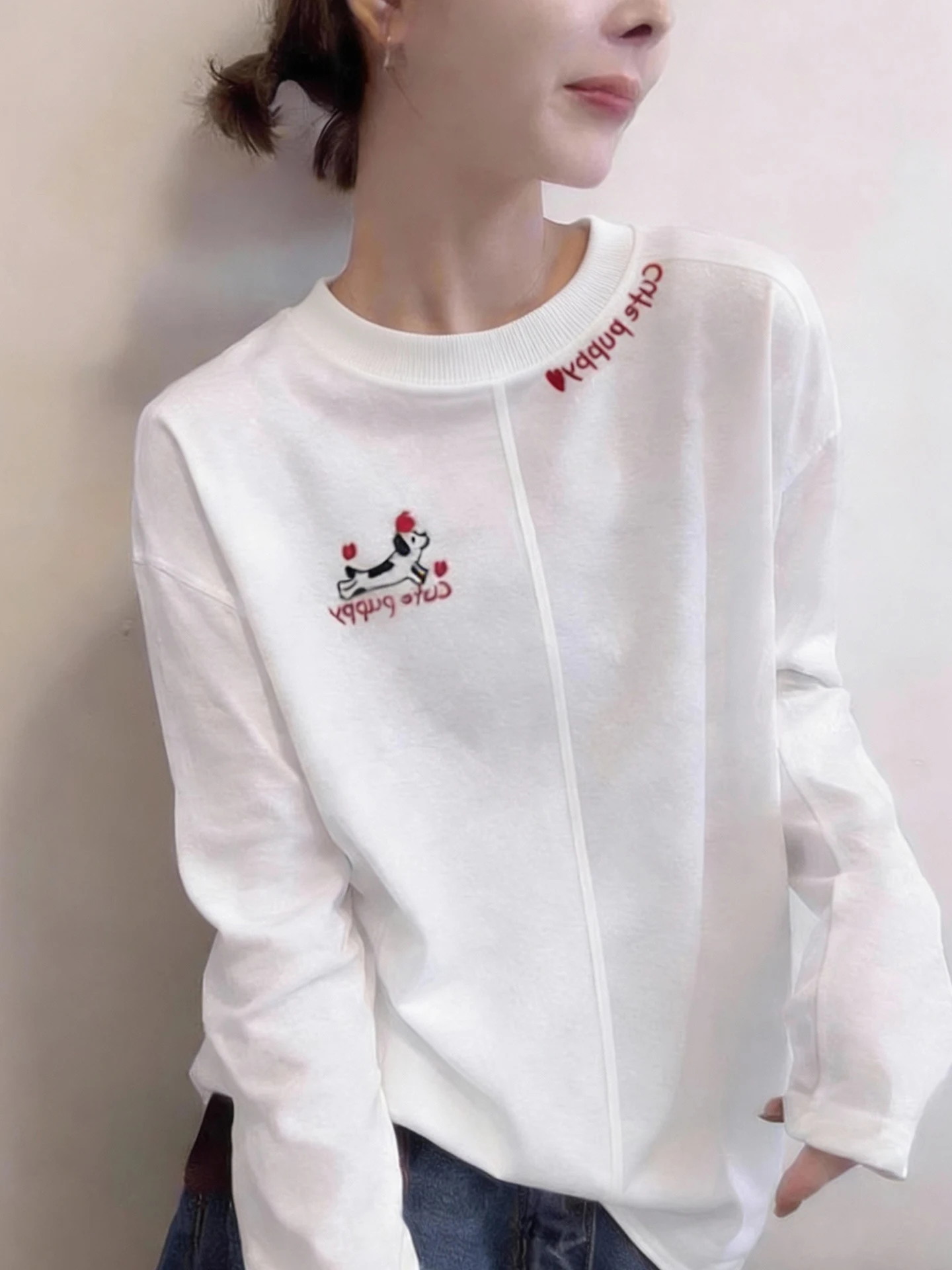 

Elegant Soft White Printed round Neck Long Sleeve T-Shirt Casual Style Spring Fashion Top Ageless Quality Clothing