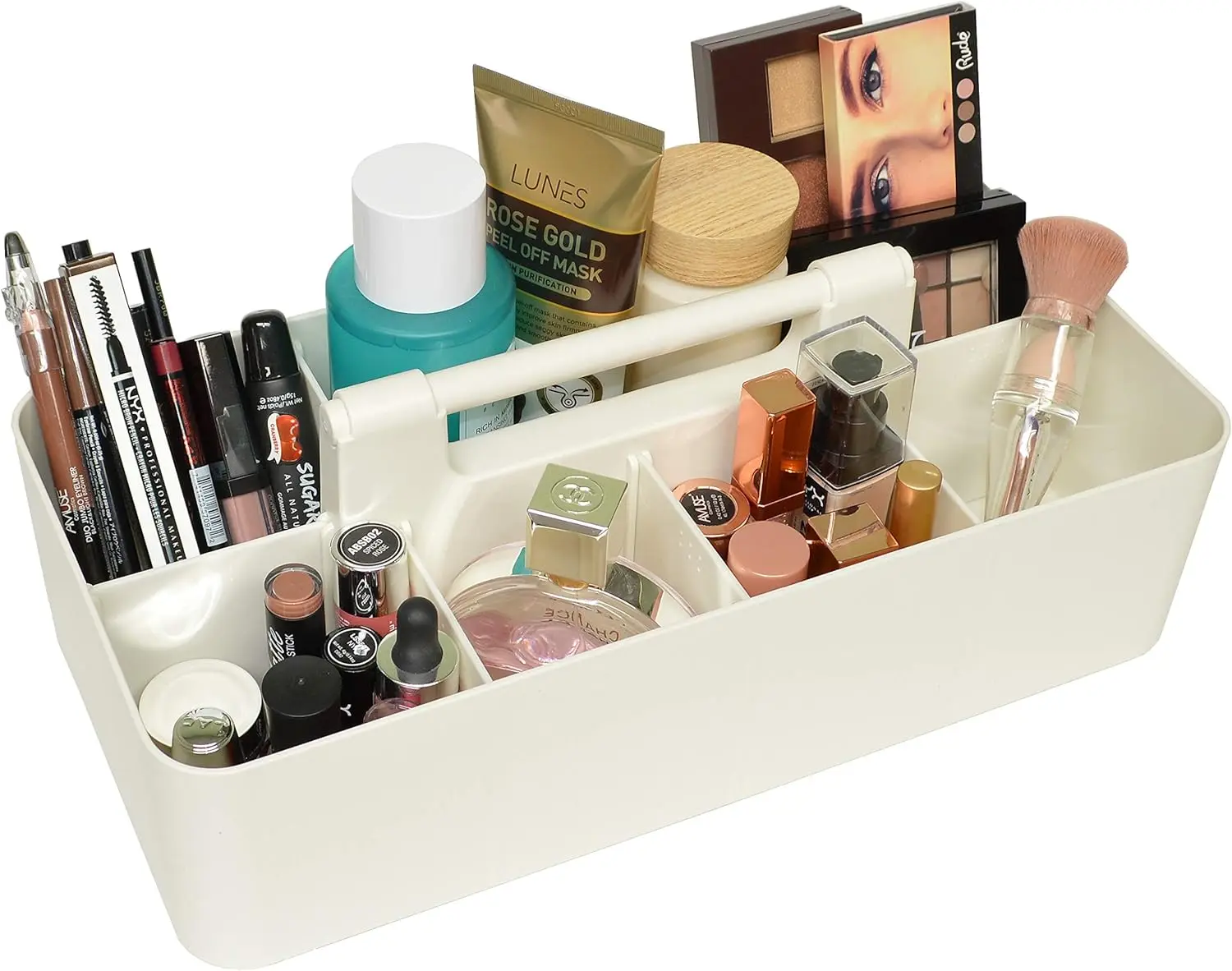 

Large Plastic Makeup Organizer Caddy with Handle, Removable Dividers, Portable Bathroom Storage, Holds Brushes, Palettes, Lipstick, 15x7x5.1in