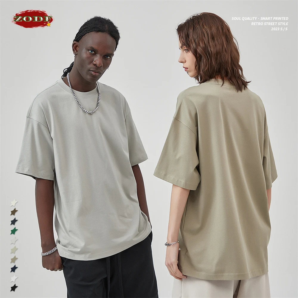 ZODF New 2023 Summer Men 275gsm Cotton T Shirts Unisex Women High Street Oversized FG Noshrink Solid T-Shirt Streetwears HY0152