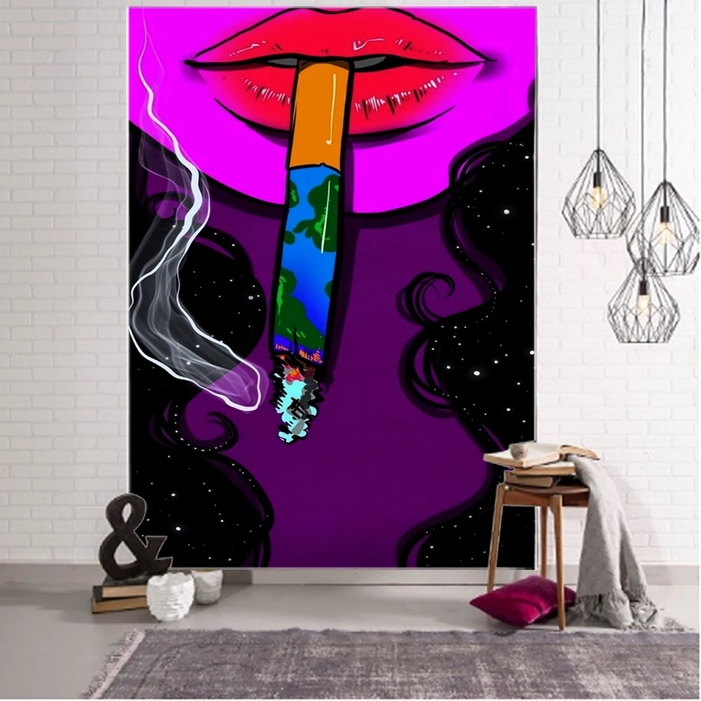 

Cool pink smoke girl background decoration tapestry, smoking girl background decoration tapestry