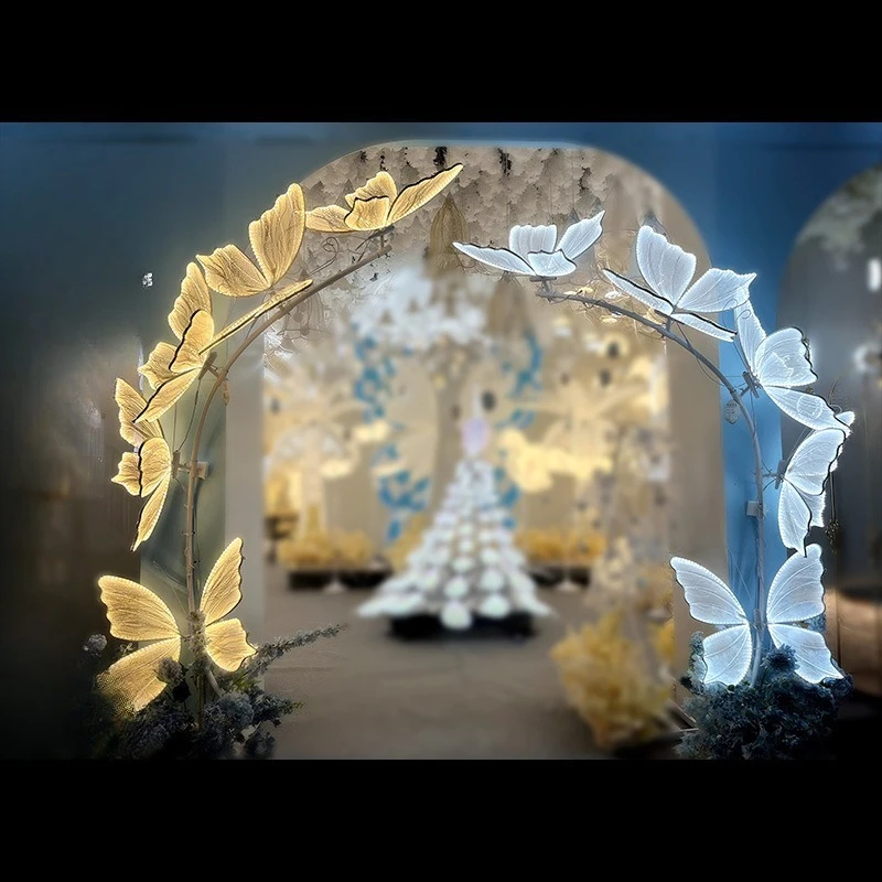 Glowing butterfly arched flower stand wedding background, decorative pendant, wrought iron, holiday arch