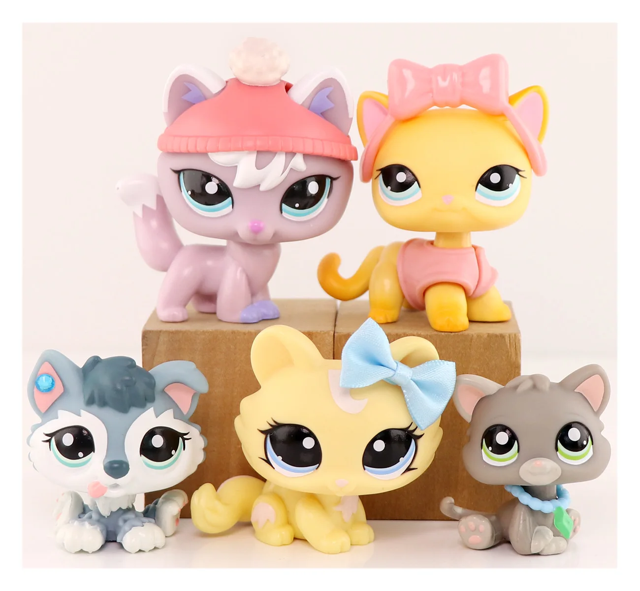 

5x Pet Shop Crouching Cat 1096 Fox #2400 Husky 2036 Baby Cat 1607 Yellow Cute Short Hair Cat #339 With Accessories Kids Gift